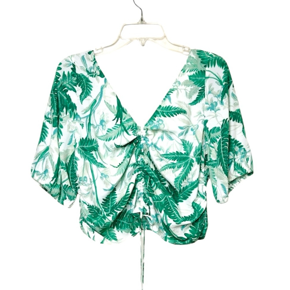 NWT Boho Cropped Blouse Puffed Sleeve Tropical Top Green Floral Size L